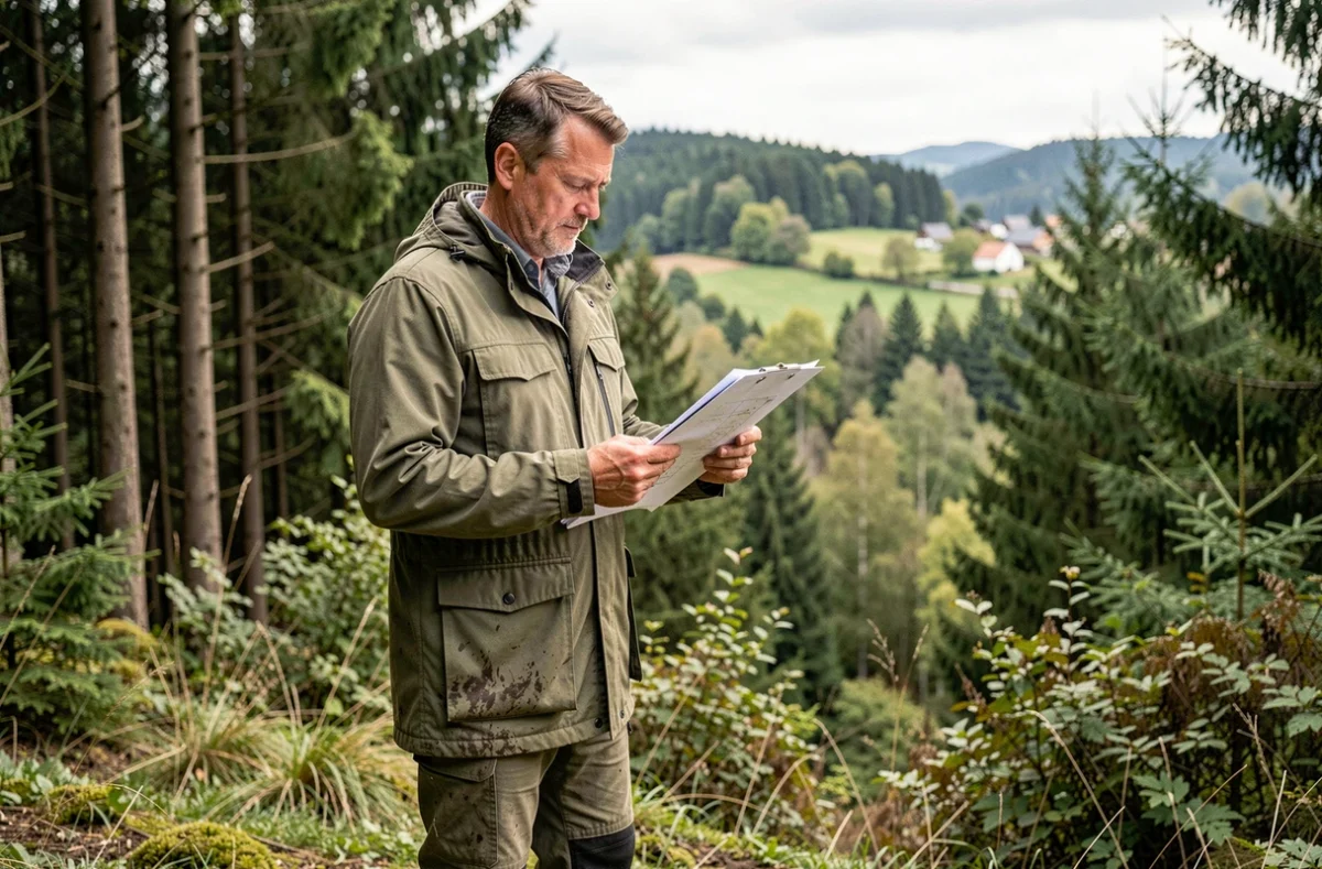 Consultant en aménagement forestier analysant un projet de territoire en extérieur avec des plans sur le terrain