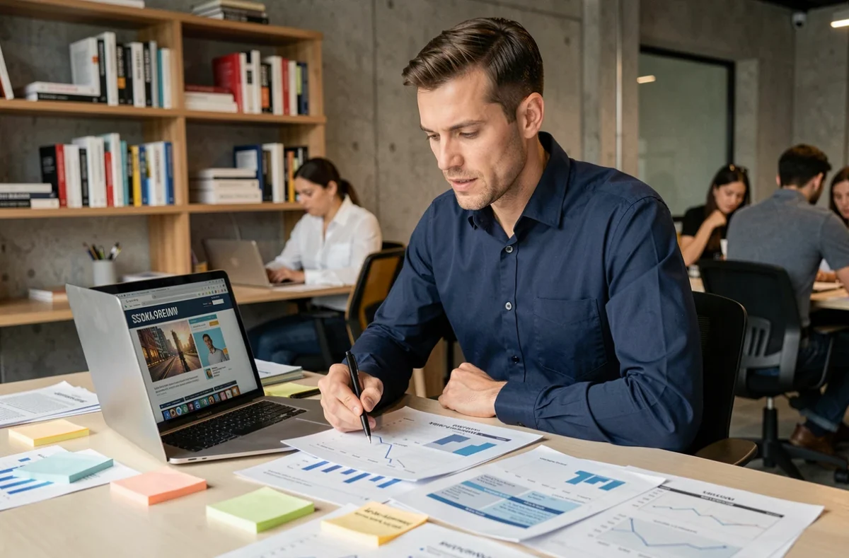 Consultant en growth marketing analysant les données d'un magazine digital au bureau
