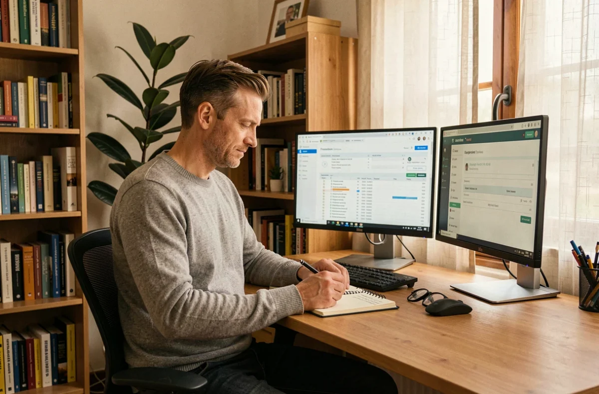 Consultant freelance en portage salarial travaillant depuis son bureau à domicile avec double écran