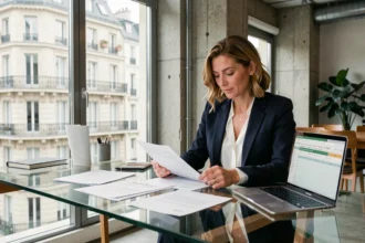 Consultante en portage salarial révisant des contrats dans un espace de coworking parisien moderne