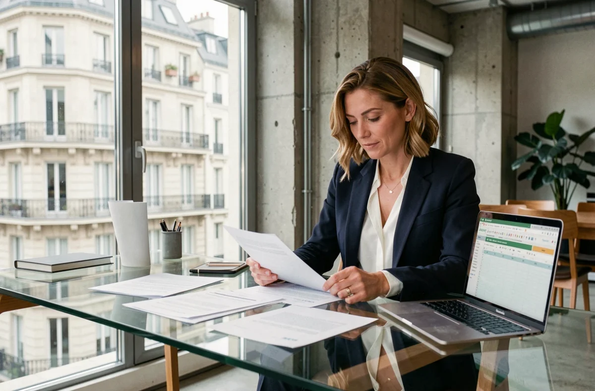 Consultante en portage salarial révisant des contrats dans un espace de coworking parisien moderne