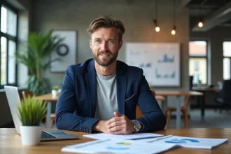 Consultant SEO Rennes assis à son bureau avec des rapports d'analyse digitale et un laptop affichant des données de croissance pour PME bretonnes