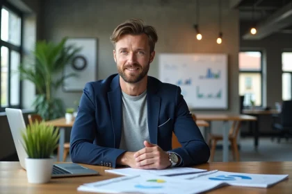 Consultant SEO Rennes assis à son bureau avec des rapports d'analyse digitale et un laptop affichant des données de croissance pour PME bretonnes