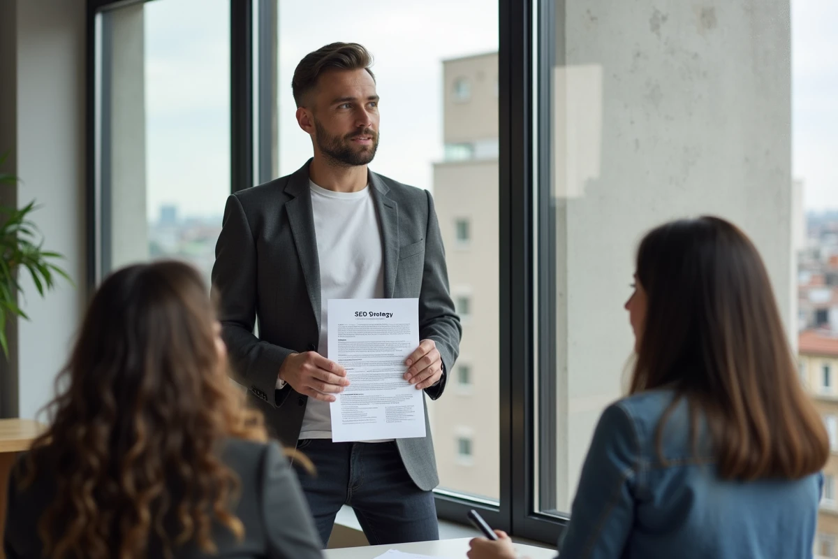 Consultant SEO Rennes présentant une stratégie de référencement naturel à des clients en espace de co-working
