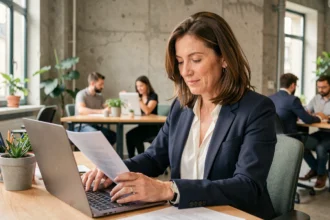 Consultante indépendante en portage salarial travaillant sur ses démarches administratives dans un espace de coworking à Voiron