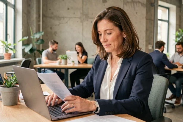 Consultante indépendante en portage salarial travaillant sur ses démarches administratives dans un espace de coworking à Voiron