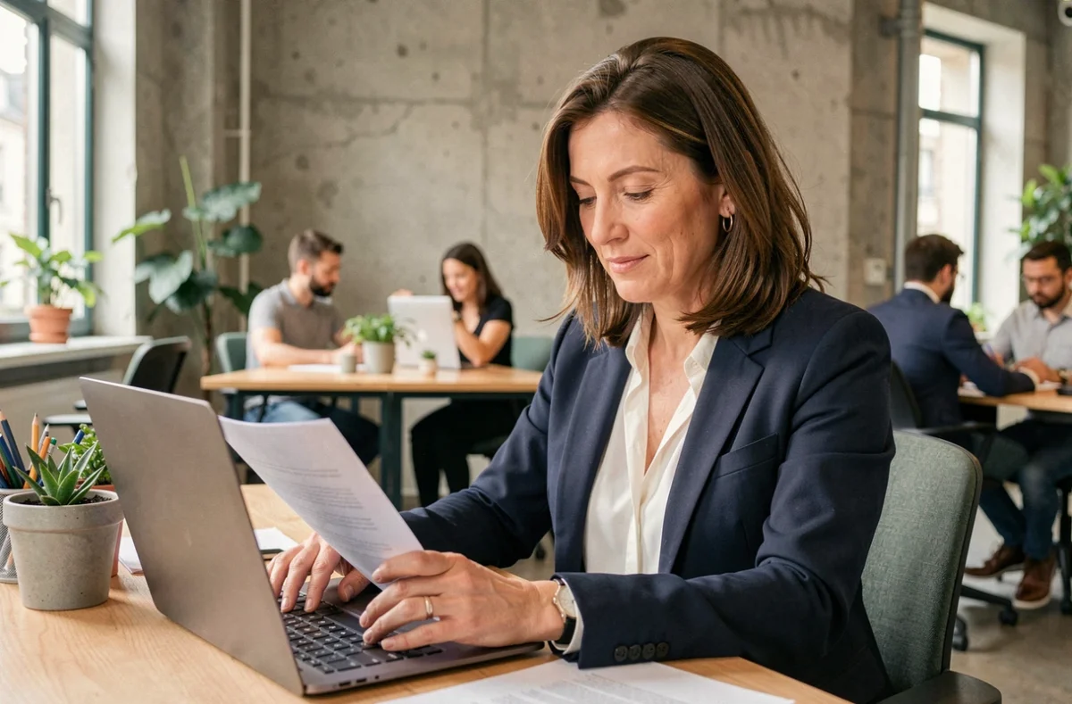 Consultante indépendante en portage salarial travaillant sur ses démarches administratives dans un espace de coworking à Voiron