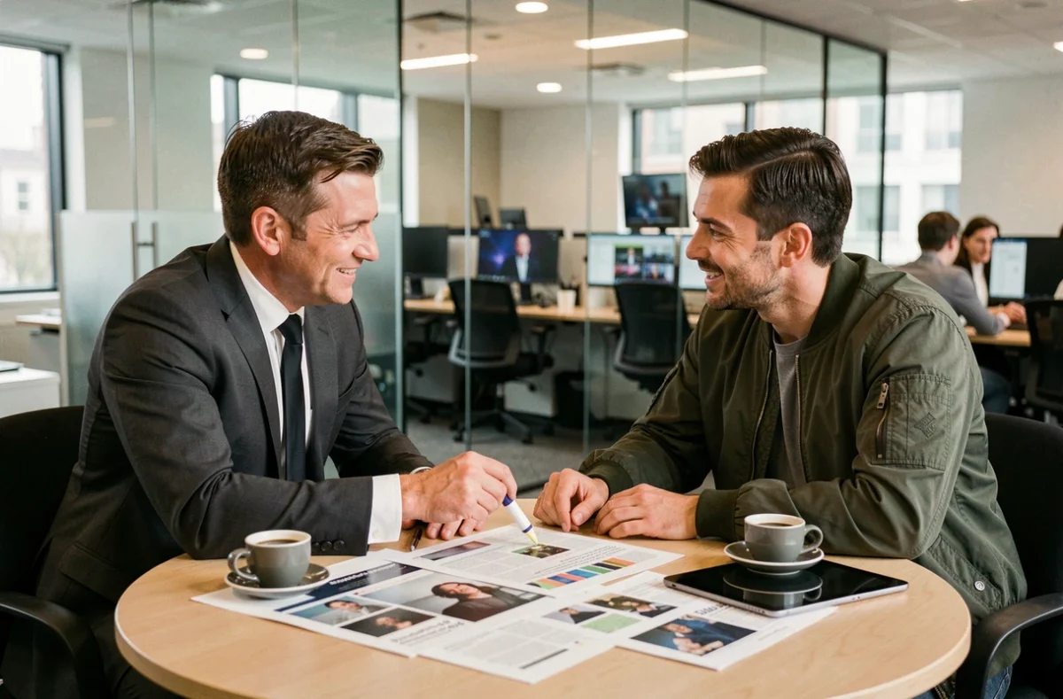 Deux consultants discutant d'une analyse éditoriale d'un magazine business autour d'une table