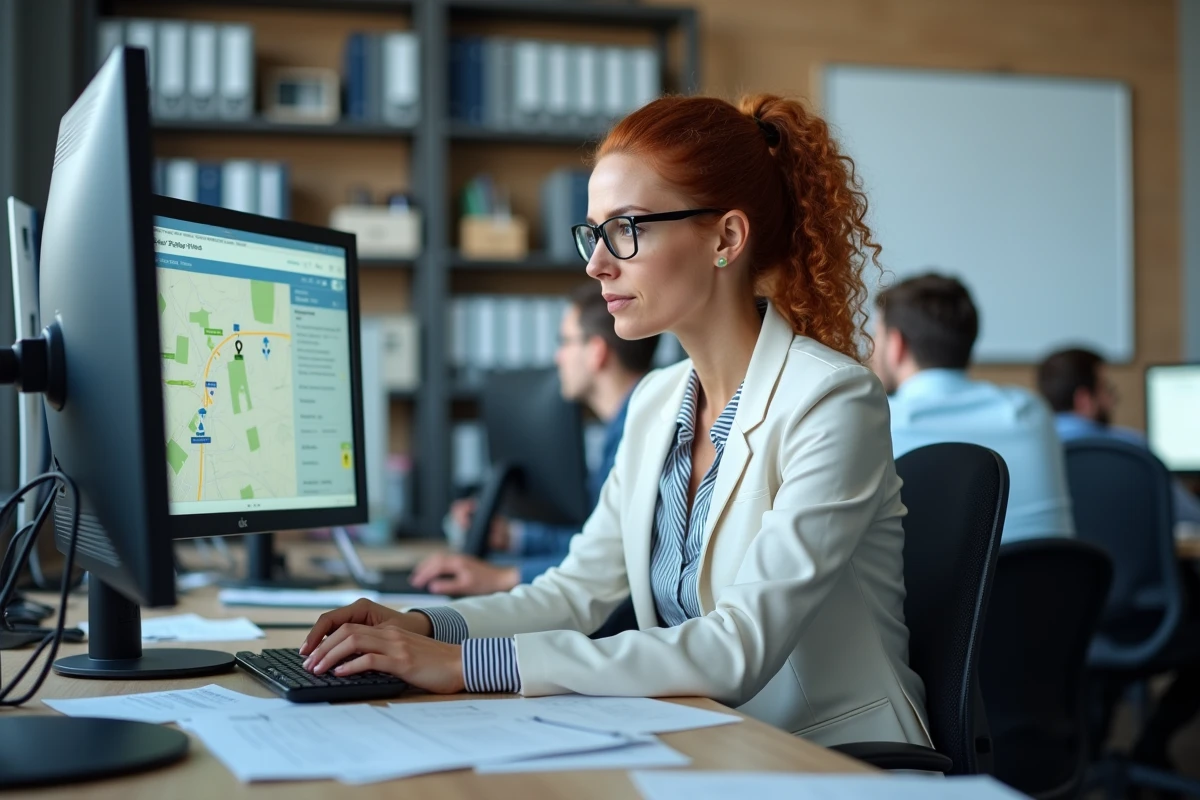 Coordinatrice de transport utilisant une interface de suivi GPS en temps réel depuis son poste de travail dans un bureau de dispatch