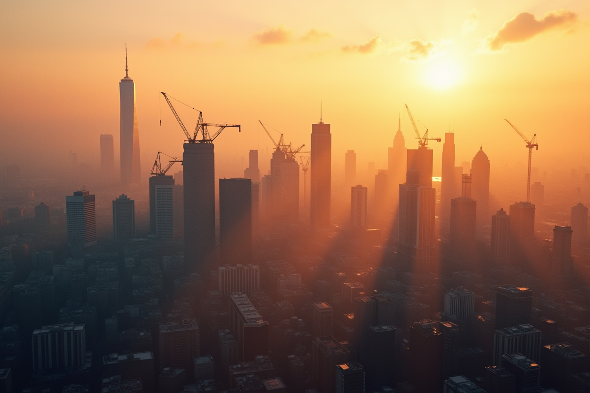 Cite urbaine au lever du soleil avec gratte-ciel