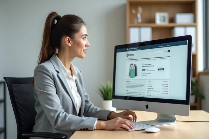 Femme professionnelle créant un compte sur la boutique en ligne Berger Levrault depuis un bureau administratif moderne