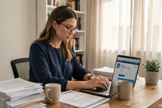 Femme créant sa micro-entreprise en ligne depuis son bureau à domicile sur un portail administratif officiel