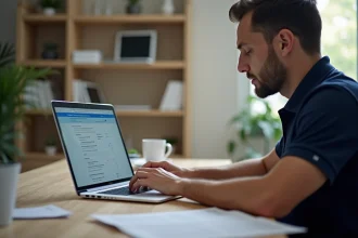 Un homme utilisant un portail extranet de fédération sportive pour déclarer des licences en ligne