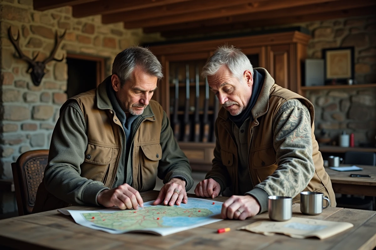Deux chasseurs planifiant une partie de chasse dans un chalet rustique en consultant une carte et un site de retours de chasse sur tablette