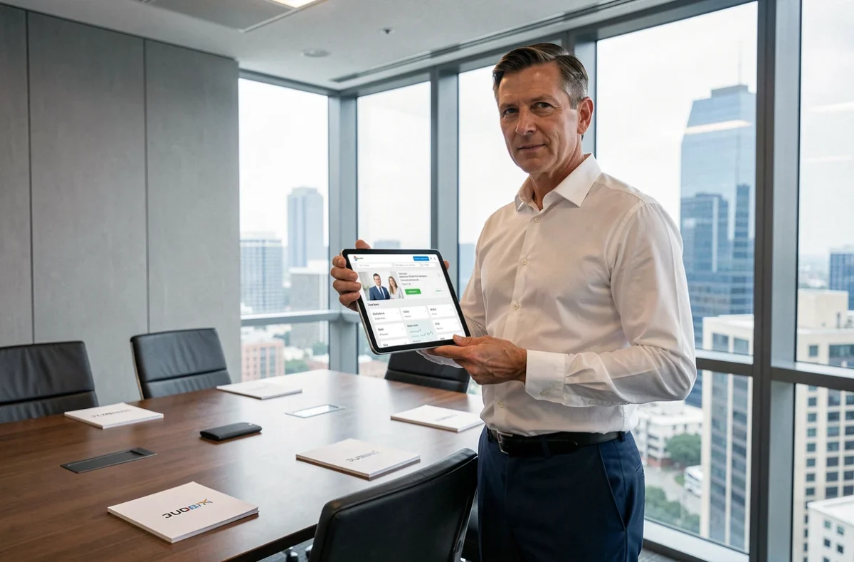 Directeur d'entreprise debout dans une salle de réunion moderne consultant une plateforme de recrutement sur tablette avec vue urbaine en arrière-plan
