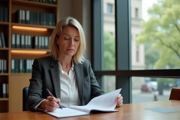 Directrice de fondation examinant des documents officiels liés au statut Public Benefit Organisation dans un bureau moderne