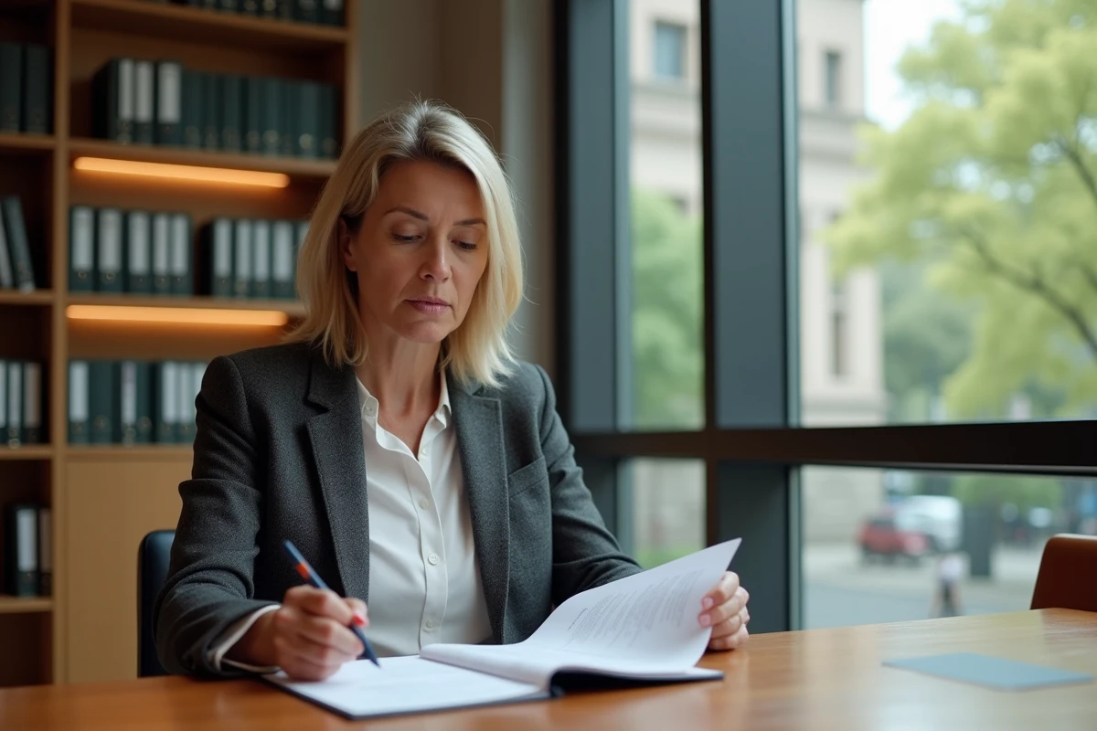 Directrice de fondation examinant des documents officiels liés au statut Public Benefit Organisation dans un bureau moderne