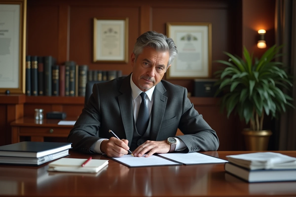 Dirigeant d'entreprise signant des documents juridiques officiels dans un bureau corporatif moderne
