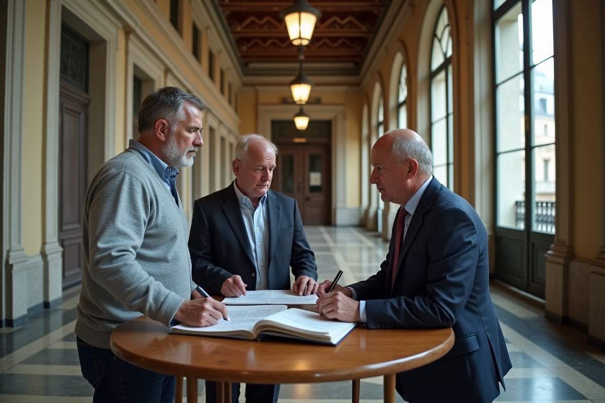 Trois collègues discutant autour d une table à Paris
