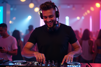 Jeune DJ mixant en club avec foule et lumières néon