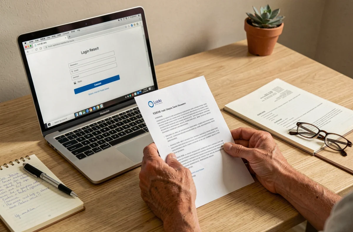 Mains tenant un document administratif papier devant un formulaire de réinitialisation de mot de passe sur un écran d'ordinateur