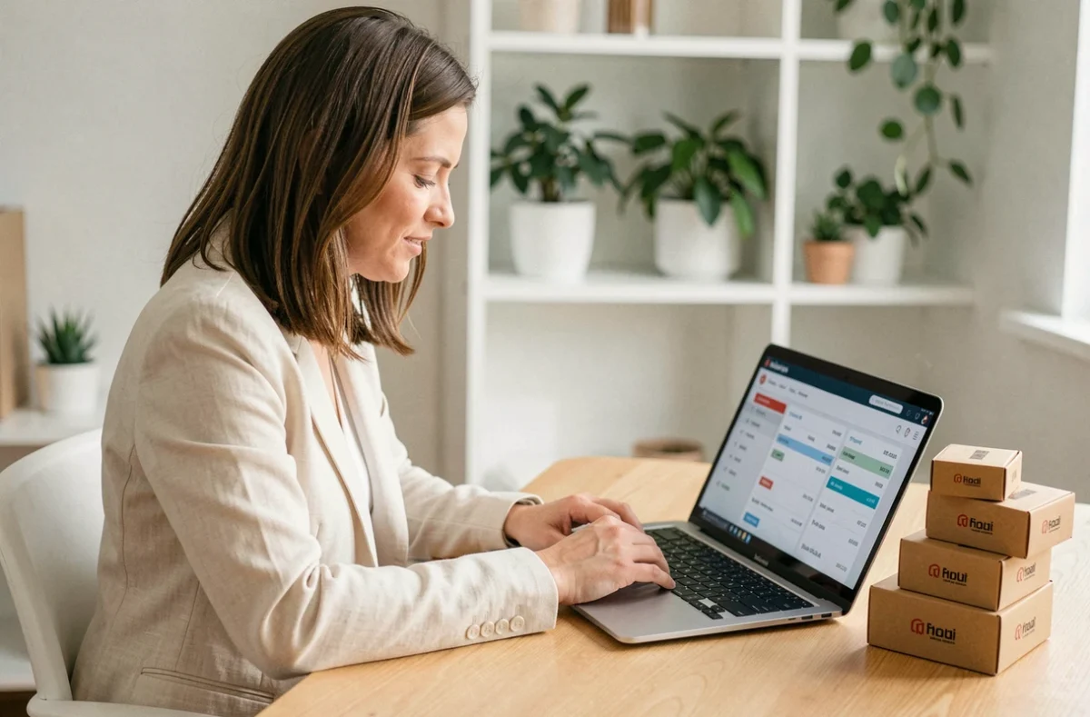 E-commerçante analysant les tarifs et solutions d'expédition Kuehne+Nagel sur son ordinateur depuis un bureau à domicile