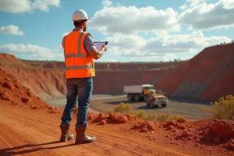 Jeune homme sans expérience en tenue de sécurité devant un site minier australien à ciel ouvert