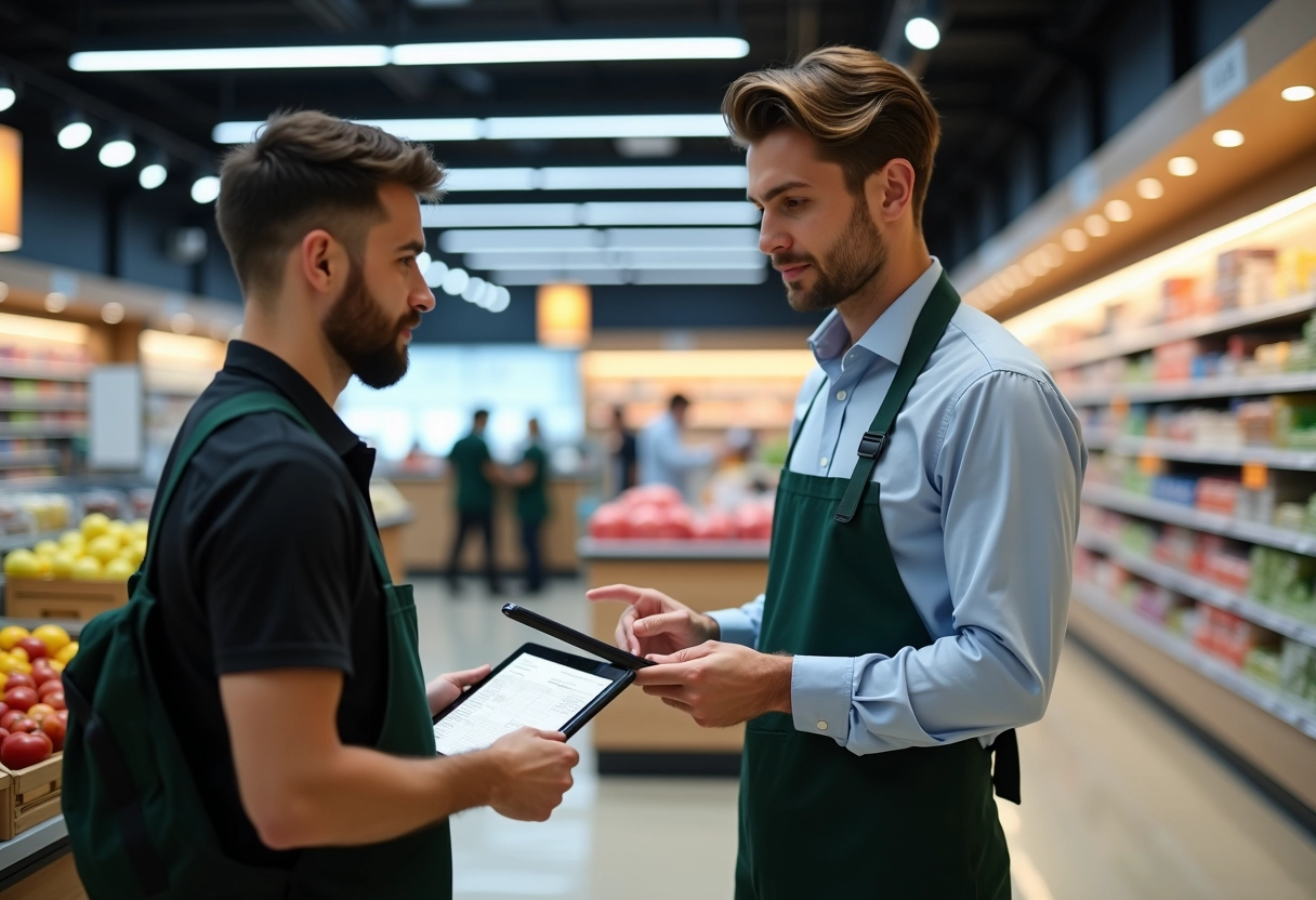 Employe de supermarche consults un responsable RH