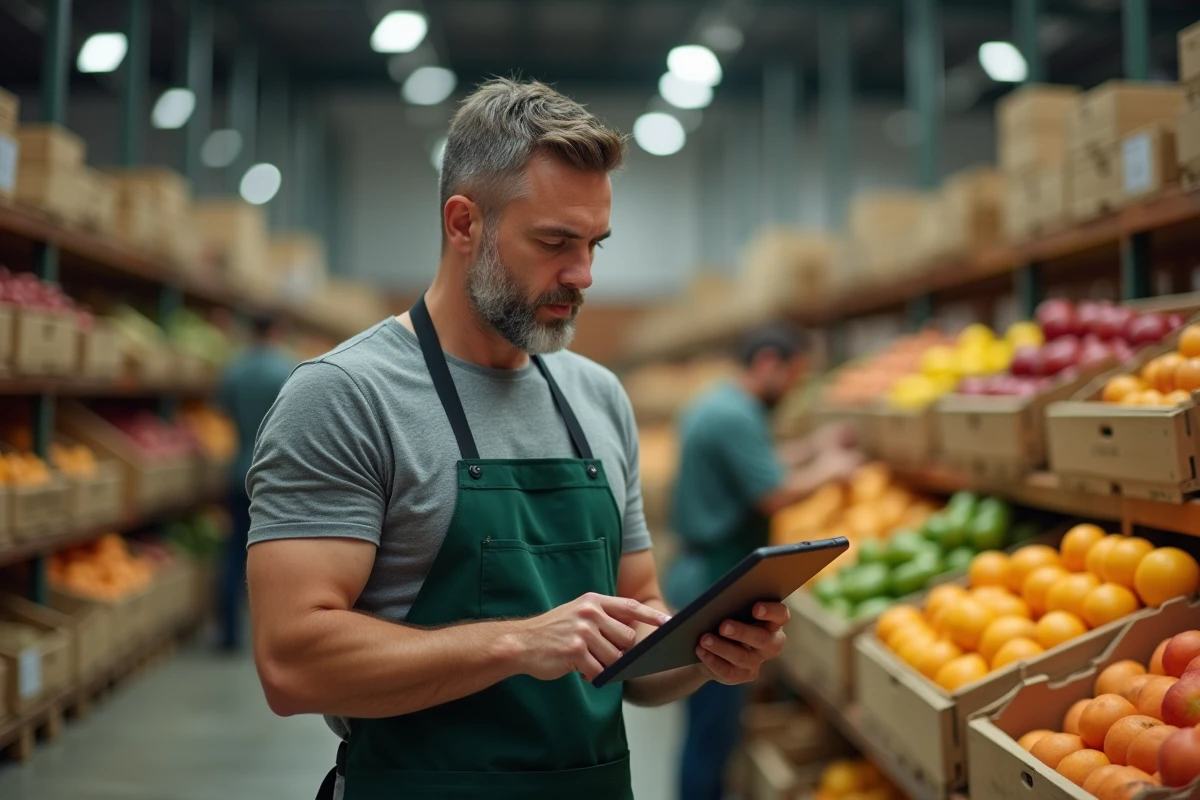 Employé d'un entrepôt de fruits vérifiant une commande en ligne sur une tablette