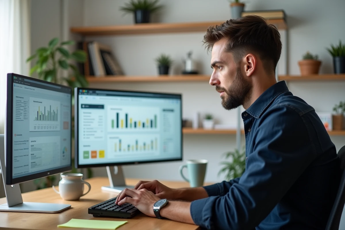 Entrepreneur en home office automatisant son business en ligne avec des tableaux de bord sur deux écrans