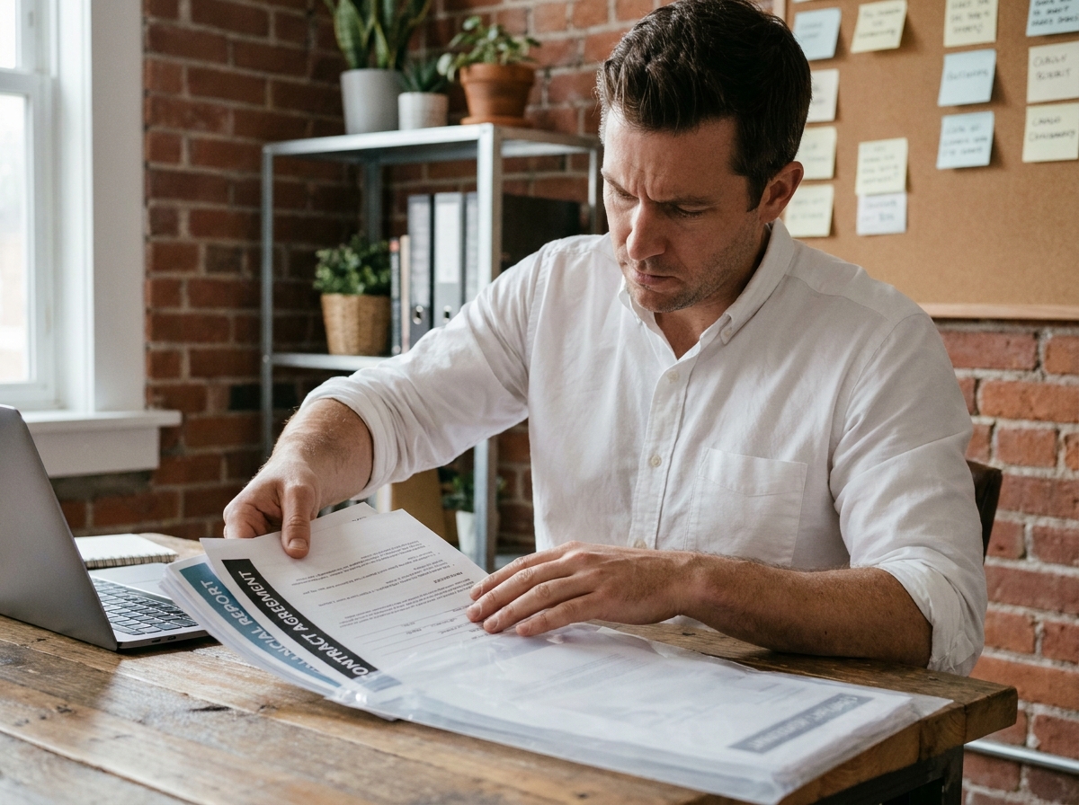 Entrepreneur organisant des documents visibles dans une enveloppe transparente sur un bureau en bois dans un espace startup