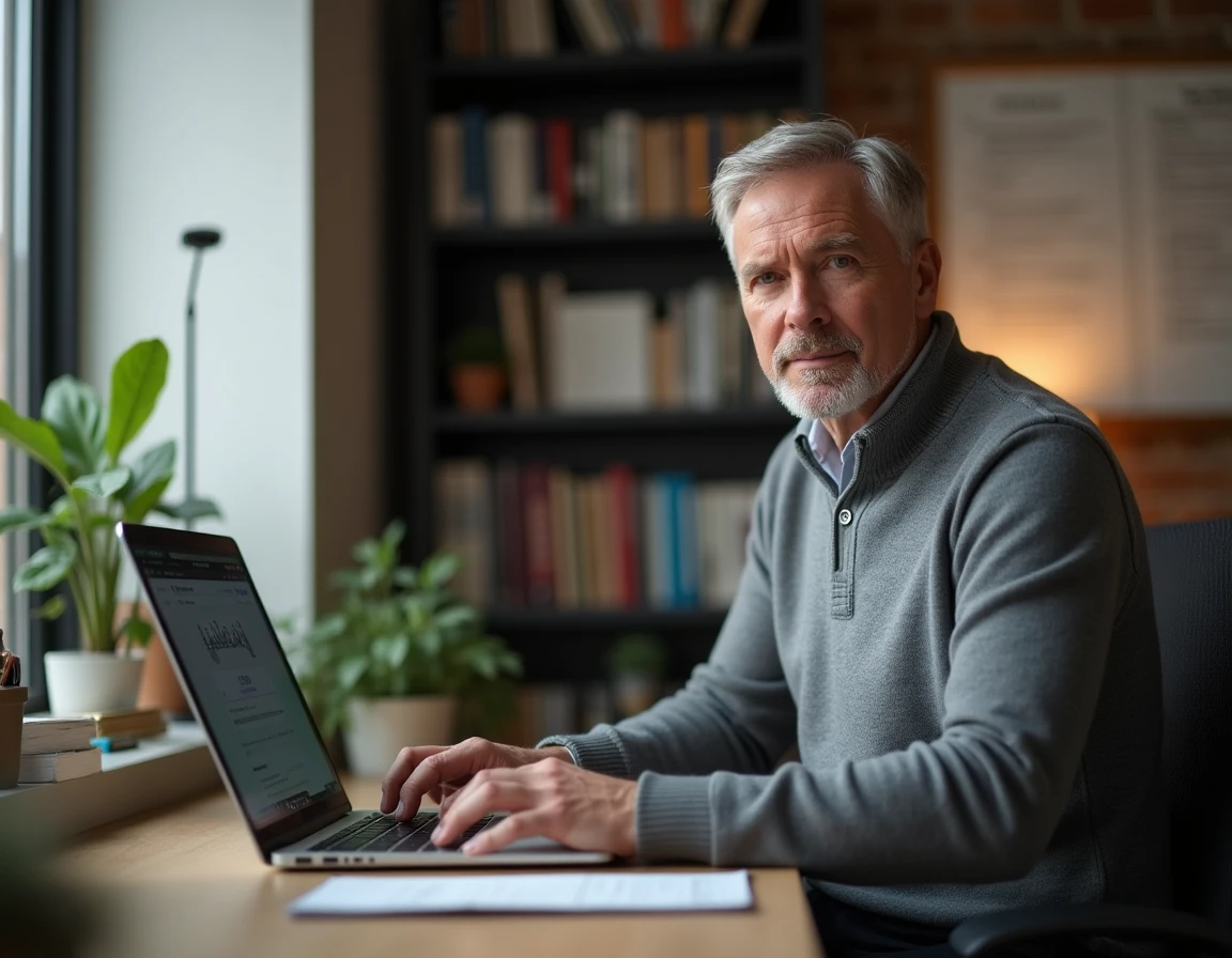 Entrepreneur en pull gris configurant son profil sur une plateforme de mise en relation professionnelle depuis son bureau à domicile
