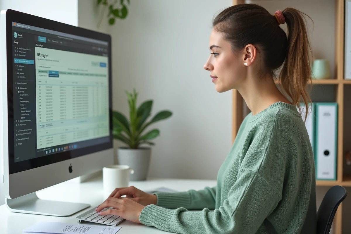 Entrepreneur en télétravail gérant la paie des employés avec un logiciel RH Silae depuis son bureau à domicile