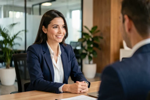 Femme professionnelle en entretien d'embauche exprimant ses qualités et défauts face à un recruteur dans un bureau moderne