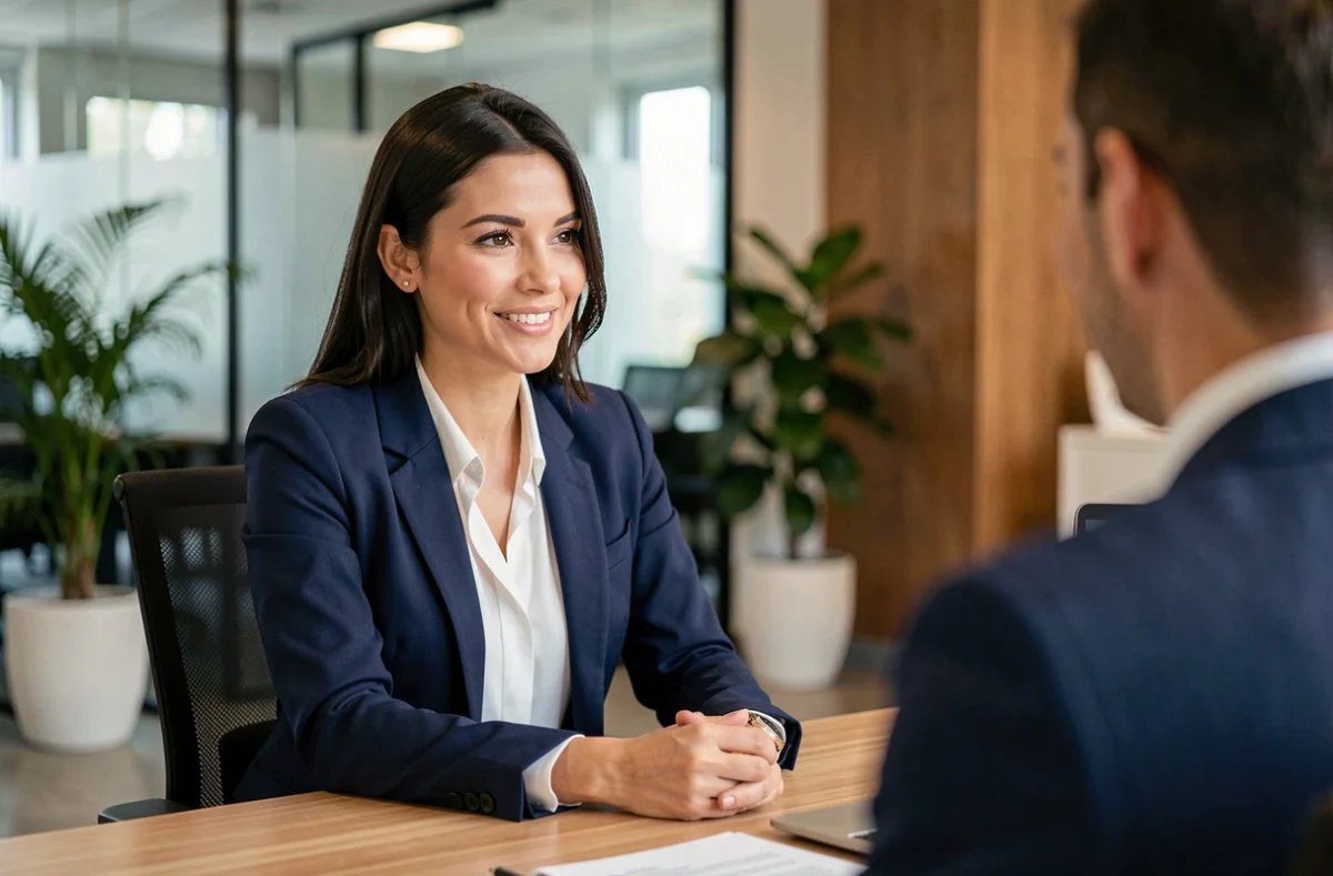 Femme professionnelle en entretien d'embauche exprimant ses qualités et défauts face à un recruteur dans un bureau moderne