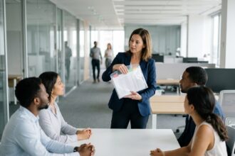 Femme en blazer marine tenant une enveloppe transparente devant son équipe dans un bureau moderne en open space
