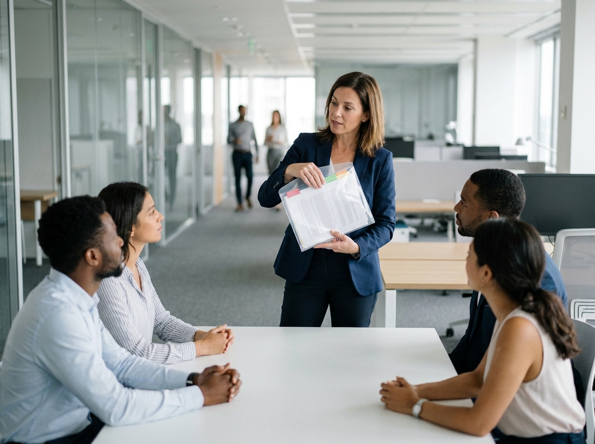 Femme en blazer marine tenant une enveloppe transparente devant son équipe dans un bureau moderne en open space
