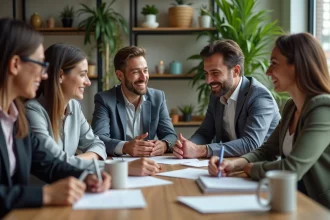 Groupe de collègues échangeant des cartes d'adieu dans un bureau chaleureux