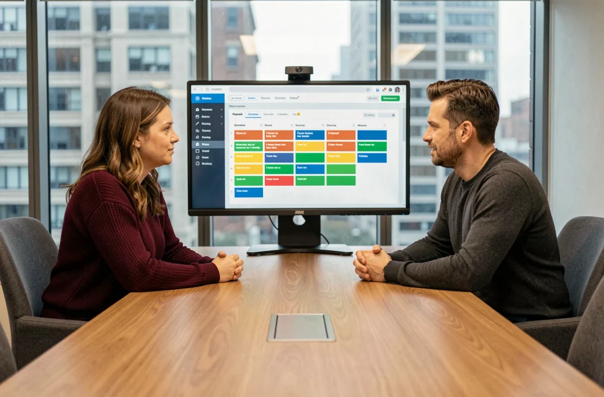 Deux collègues analysant ensemble un tableau de bord de gestion du personnel et des heures de travail dans une salle de réunion