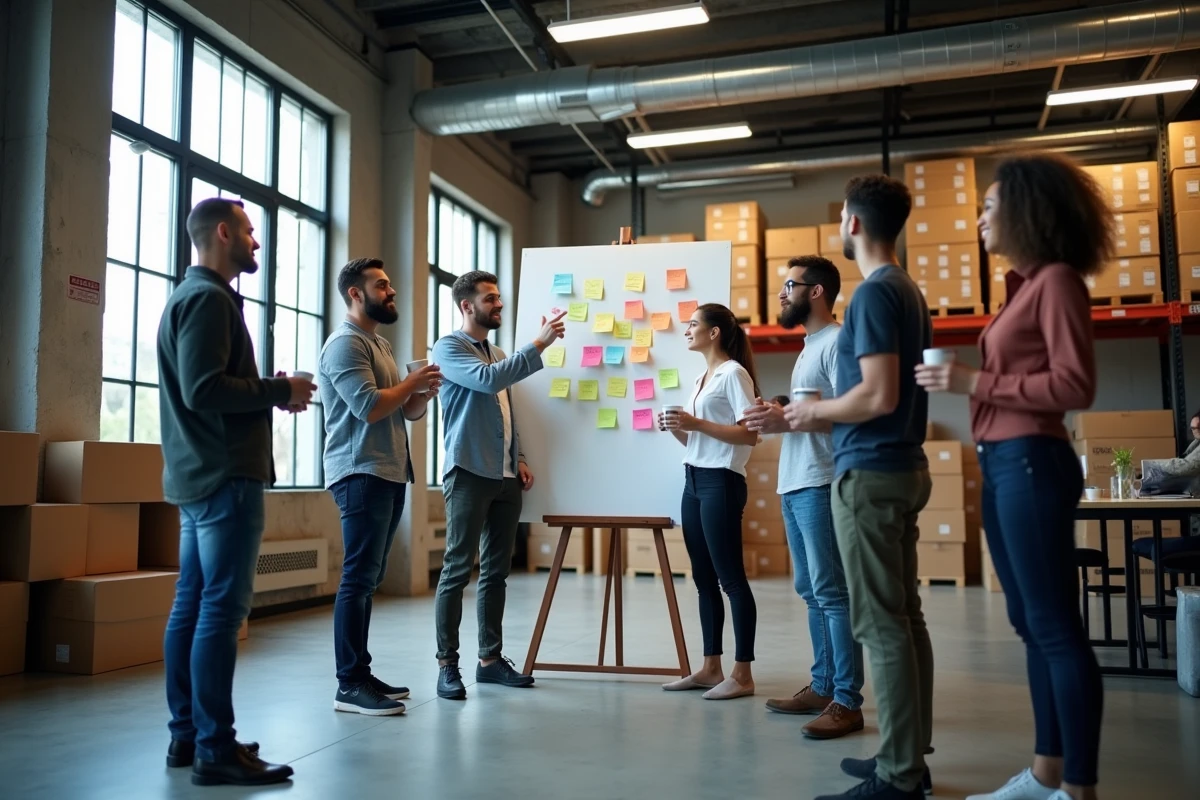 Équipe de salariés participant à un atelier d'idées avec des post-it sur un tableau blanc dans un bureau style startup