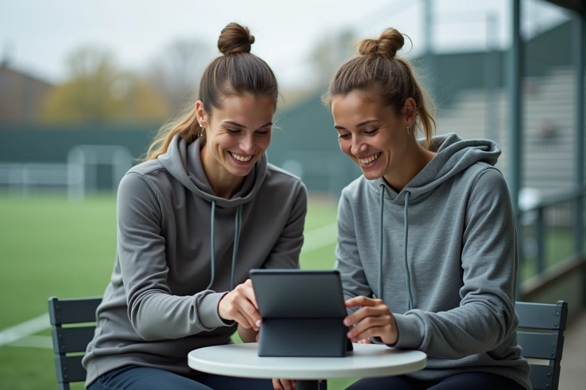 Deux membres d'un club sportif consultant ensemble les réglages My Extrabat sur tablette en extérieur