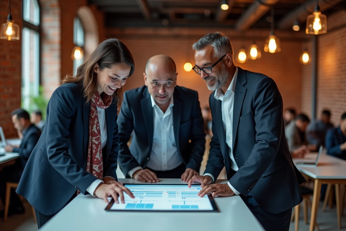 Groupe de professionnels en réunion consultant les détails d'inscription à un événement d'entreprises dans un espace de coworking