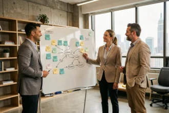 Équipe marketing analysant un parcours client sur un tableau blanc avec des étapes et des notes colorées dans un bureau moderne