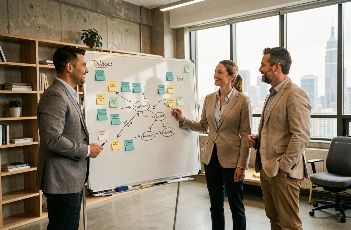 Équipe marketing analysant un parcours client sur un tableau blanc avec des étapes et des notes colorées dans un bureau moderne