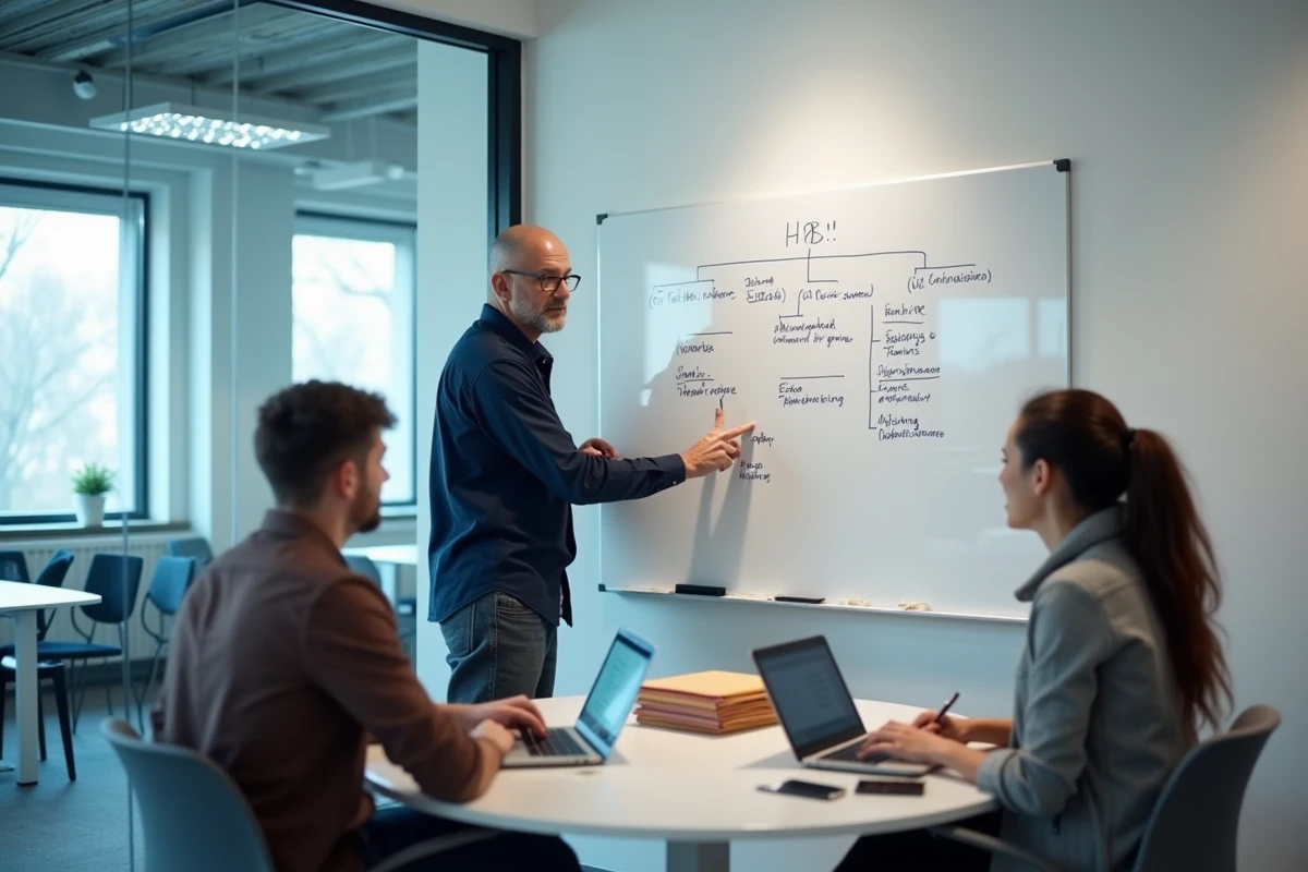 Équipe de PME en réunion pour gérer la paie et les ressources humaines sans service RH dédié