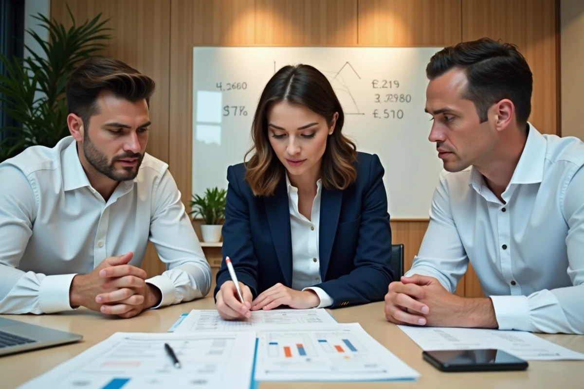 Équipe de professionnels examinant les statuts juridiques et le capital social d'une SARL en réunion