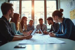 Équipe diverse dans un bureau lumineux en réunion