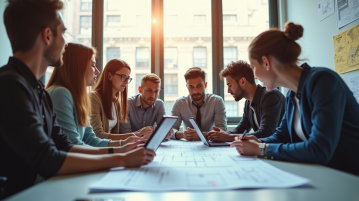 Équipe diverse dans un bureau lumineux en réunion