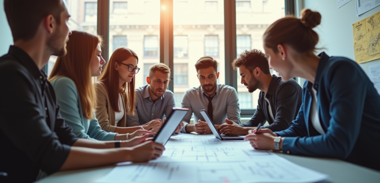Équipe diverse dans un bureau lumineux en réunion