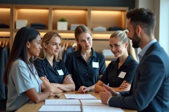 Groupe d'employes retail en discussion avec un responsable RH
